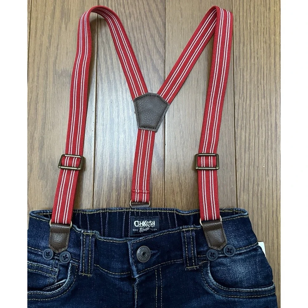 OshKosh B'gosh Boys 4T Lined Stretch  Jeans Red Suspenders Dark Wash NWT